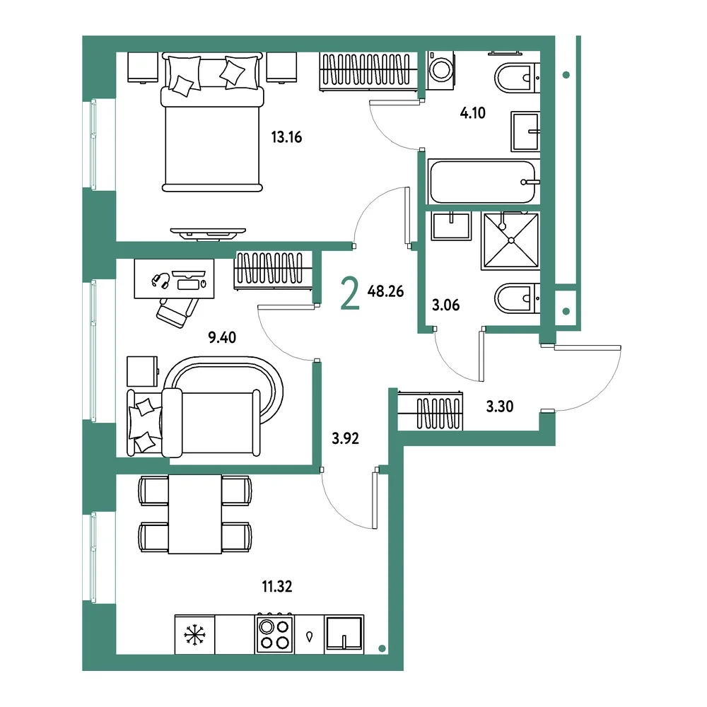 Планировка: Домашний 2-комнатная 48,26м²