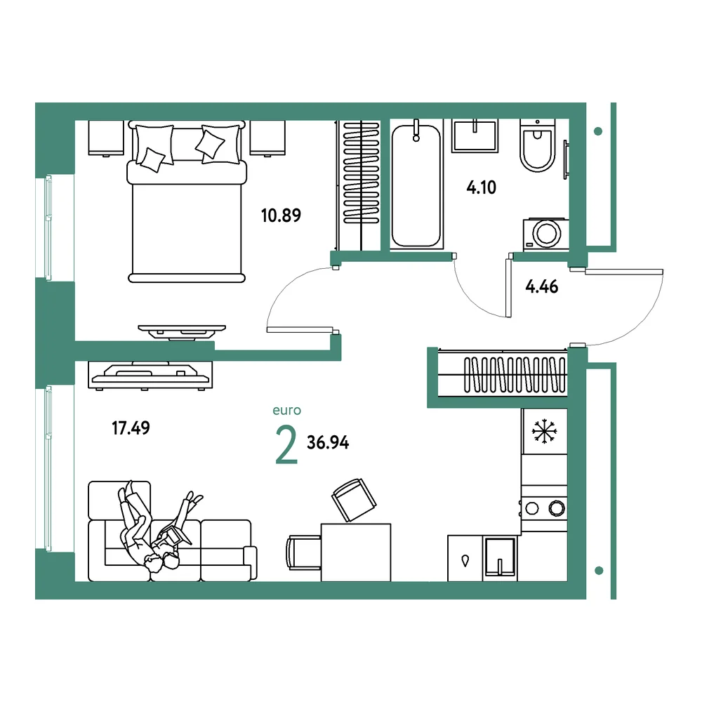 Планировка: Домашний 2-комнатная 36,94м²