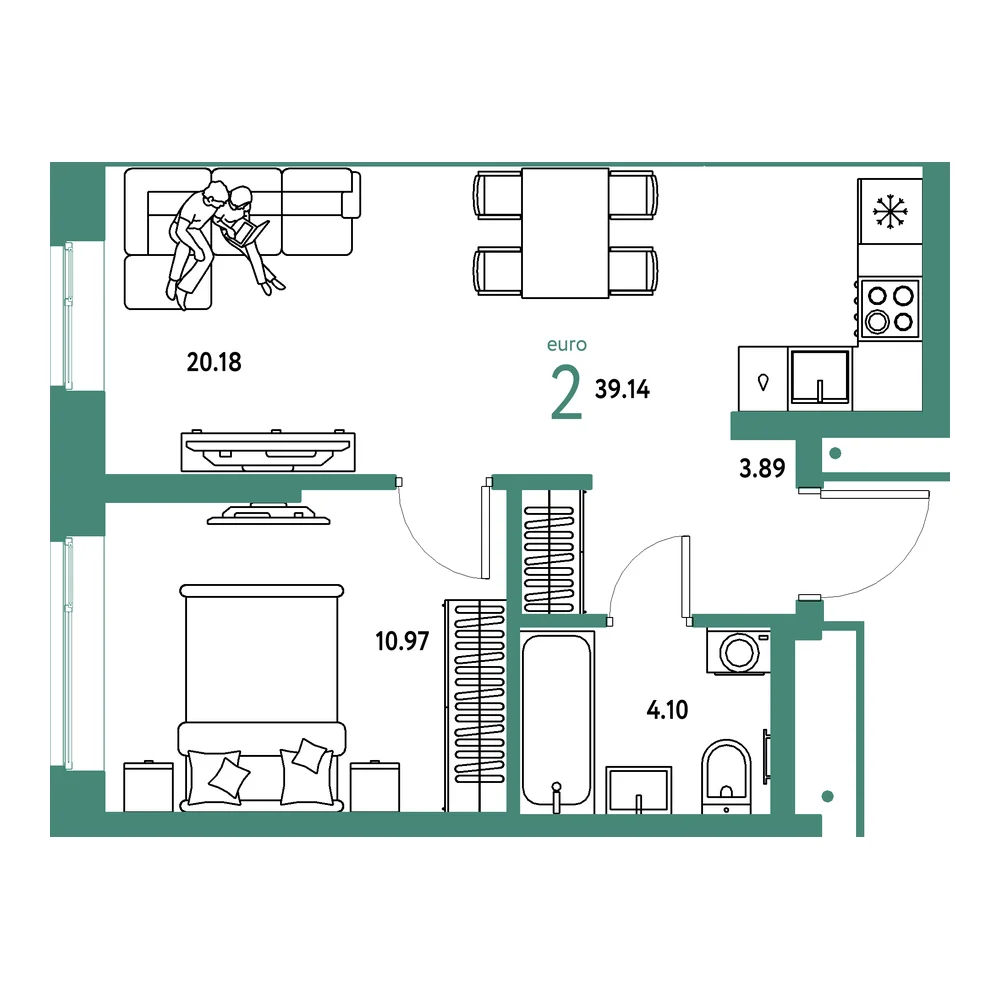 Планировка: Домашний 2-комнатная 39,14м²