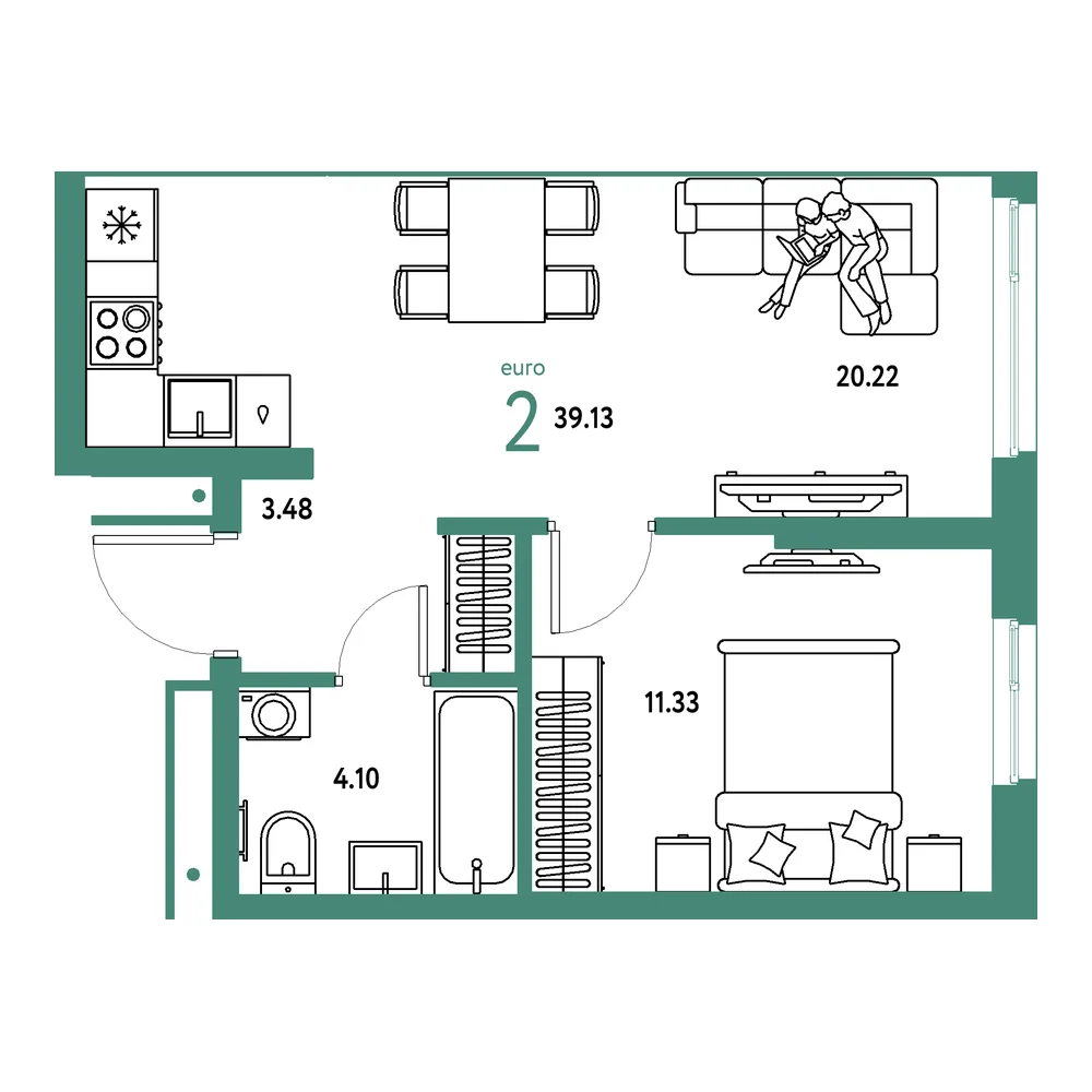 Планировка: Домашний 2-комнатная 39,13м²