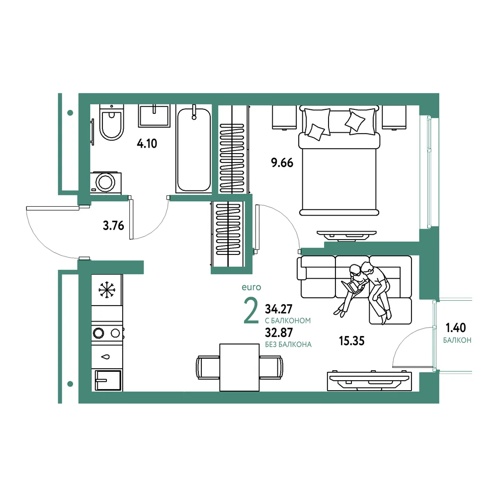 Планировка: Домашний 2-комнатная 34,27м²