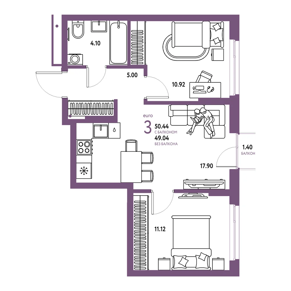 Планировка: Домашний 3-комнатная 50,44м²