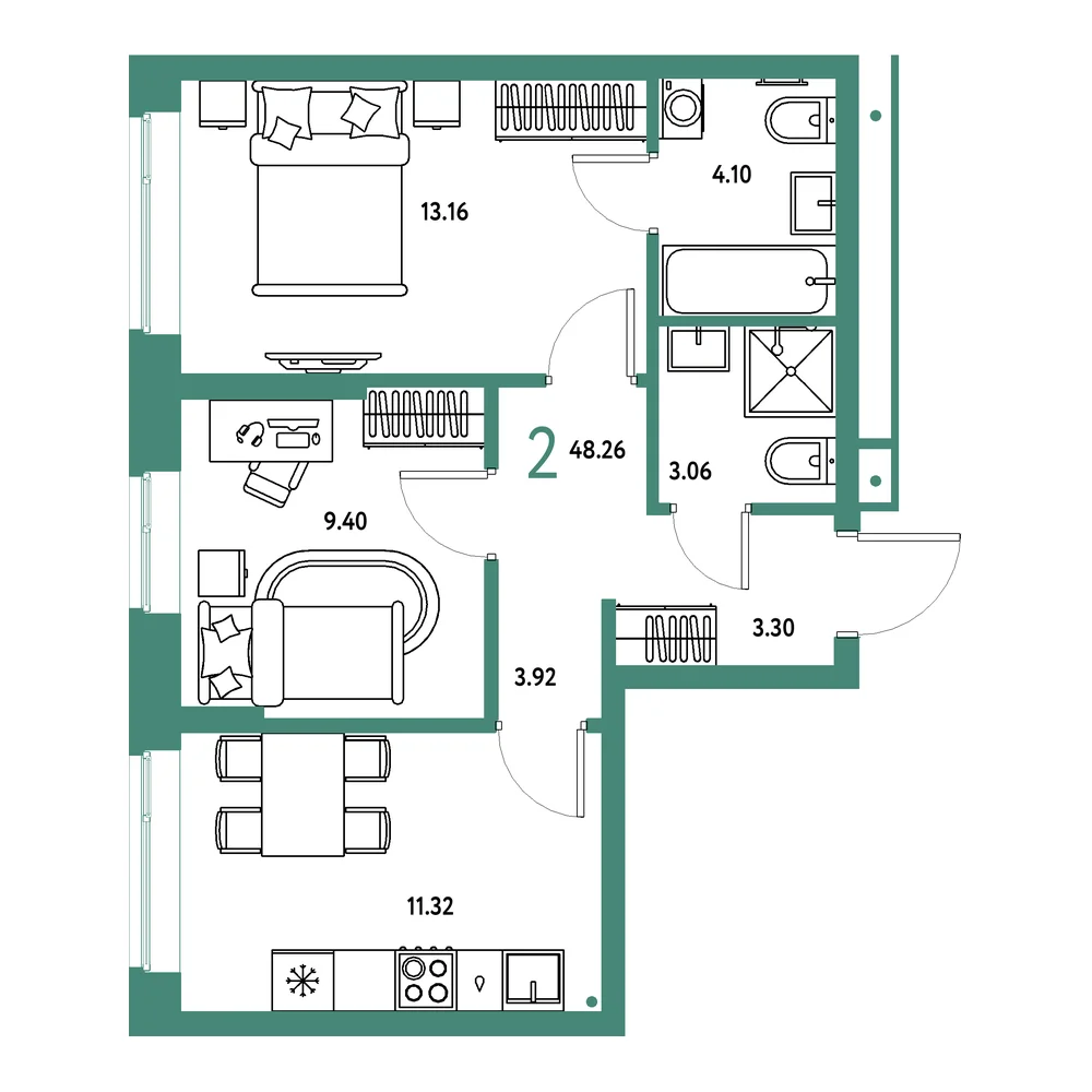 Планировка: Домашний 2-комнатная 48,26м²