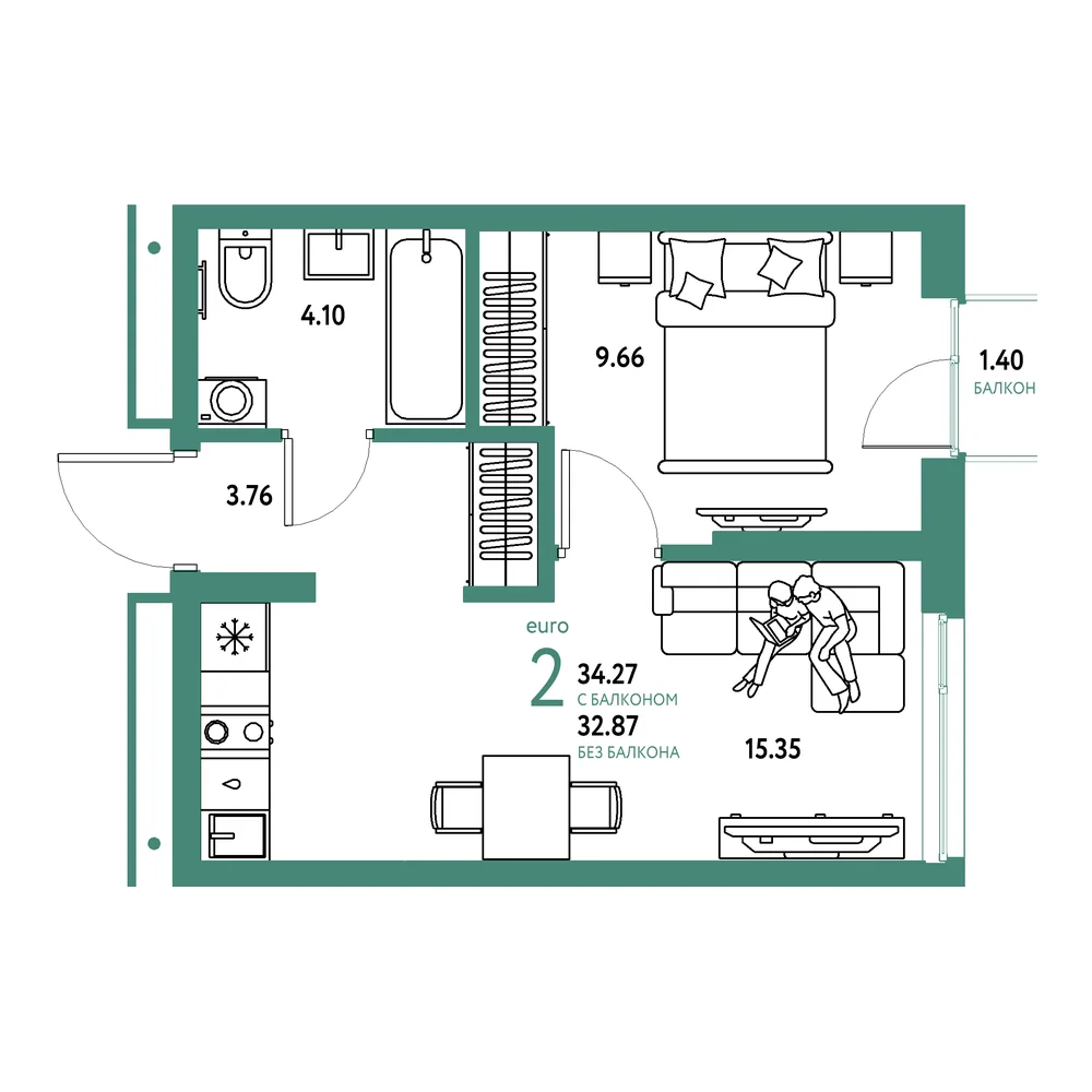 Планировка: Домашний 2-комнатная 34,27м²