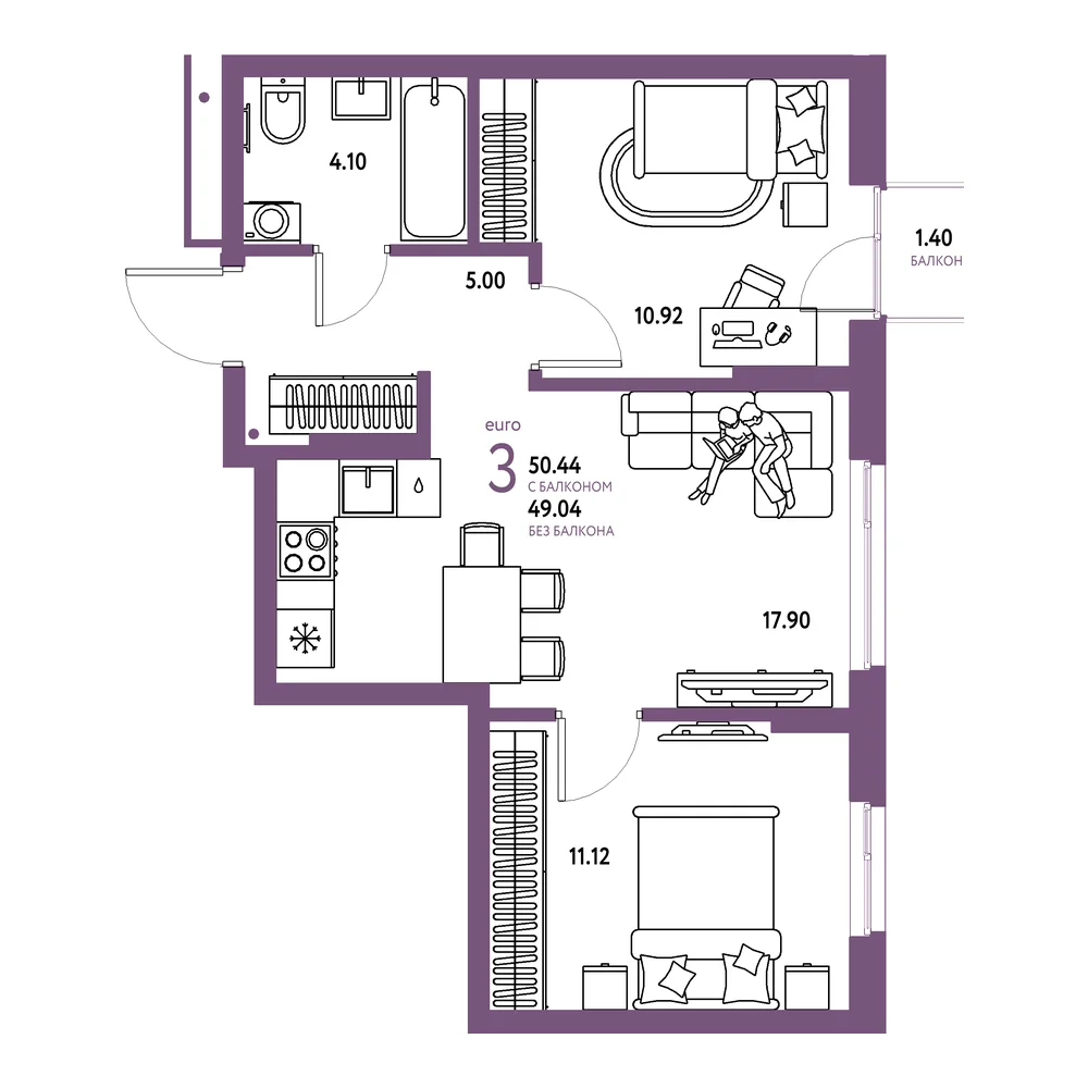 Планировка: Домашний 3-комнатная 50,44м²