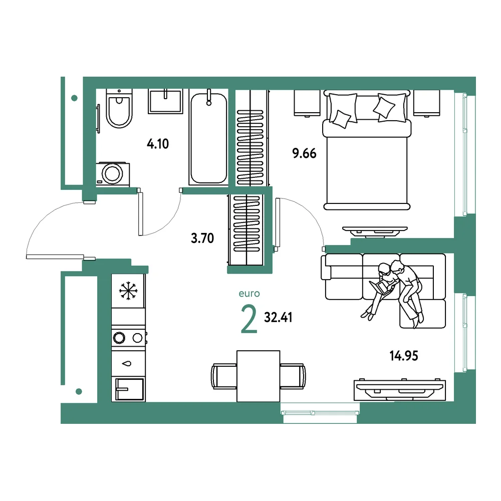 Планировка: Домашний 2-комнатная 32,41м²