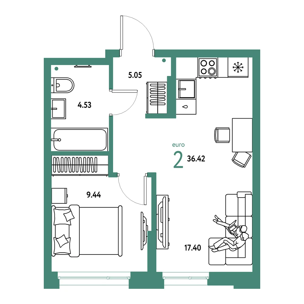 Планировка: Домашний 2-комнатная 36,42м²