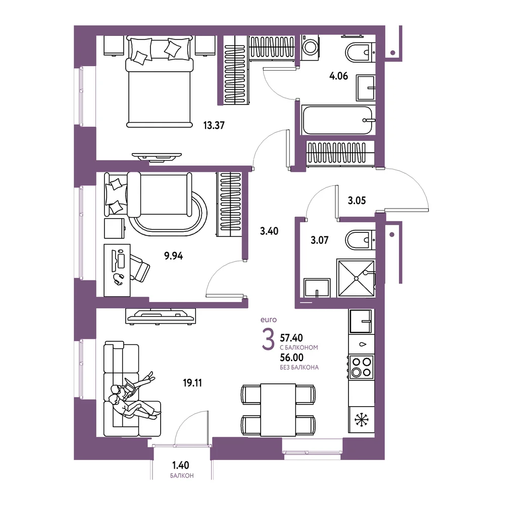 Планировка: Домашний 3-комнатная 57,40м²