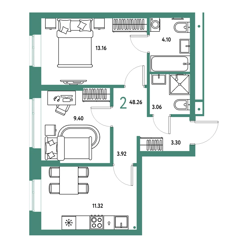 Планировка: Домашний 2-комнатная 48,26м²