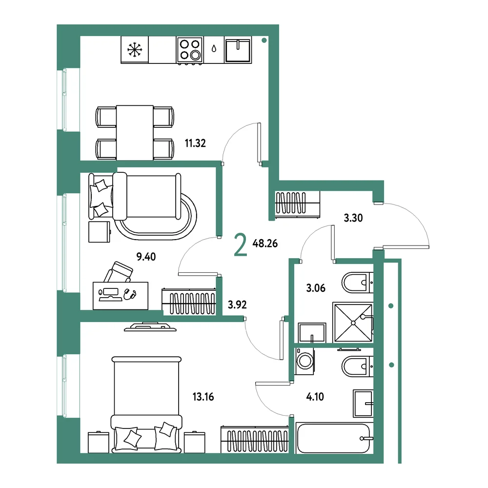 Планировка: Домашний 2-комнатная 48,26м²