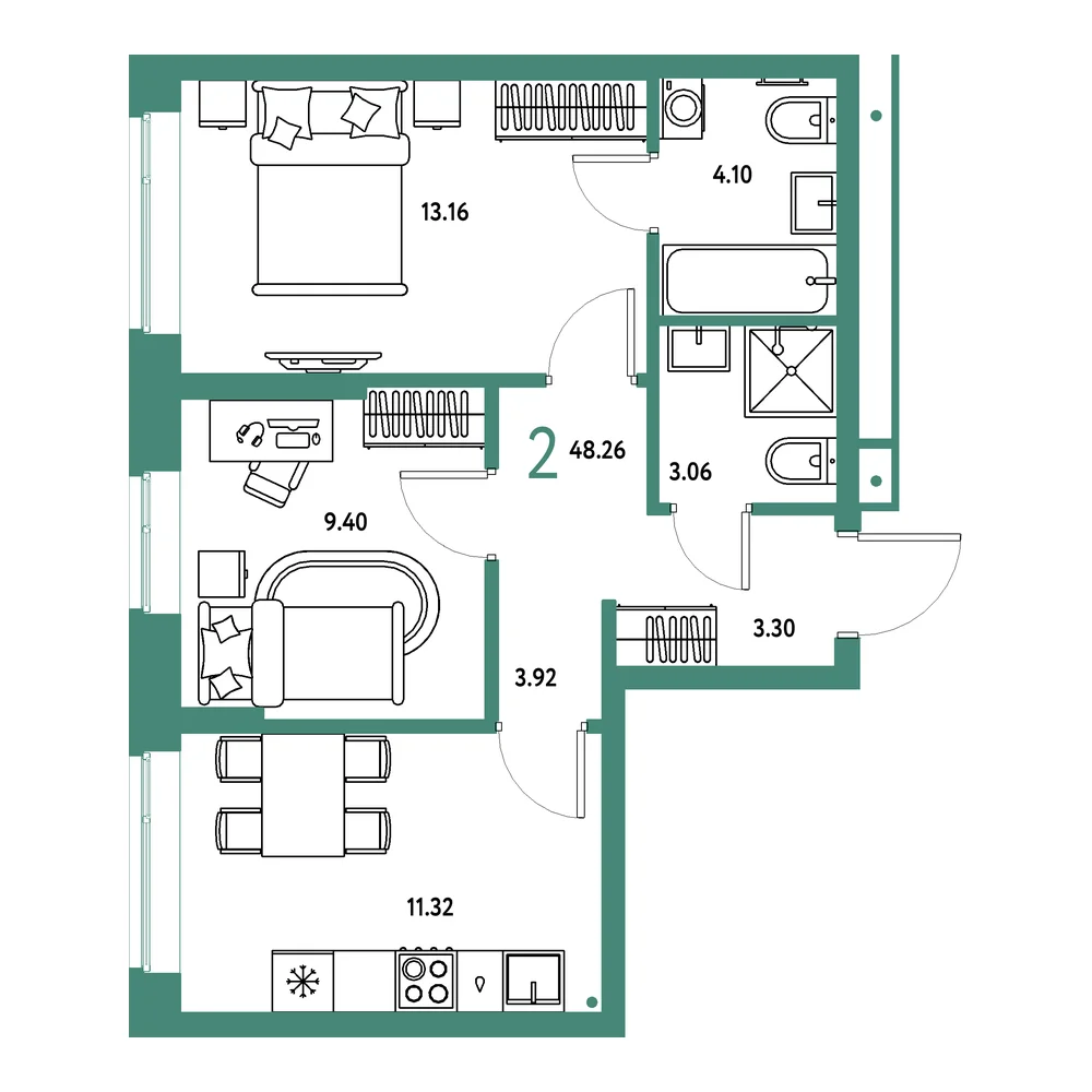 Планировка: Домашний 2-комнатная 48,26м²