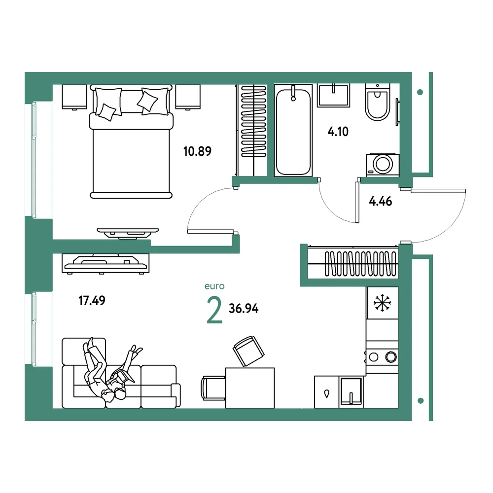 Планировка: Домашний 2-комнатная 36,94м²