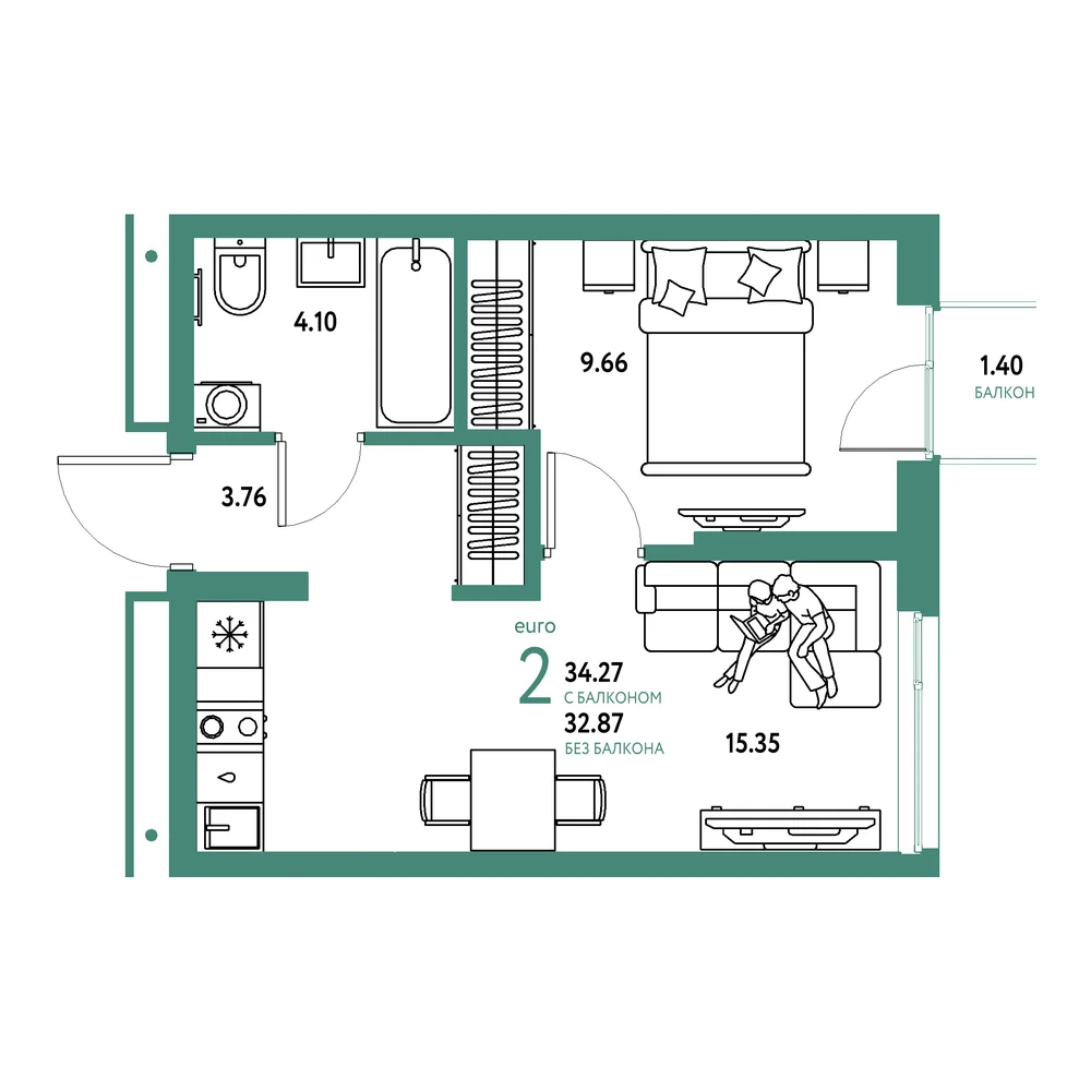 Планировка: Домашний 2-комнатная 34,27м²