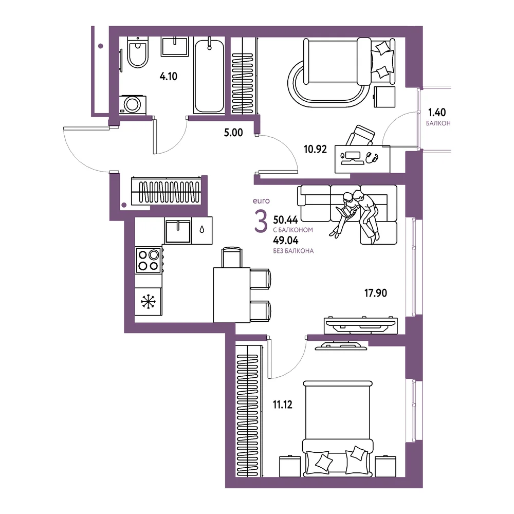 Планировка: Домашний 3-комнатная 50,44м²