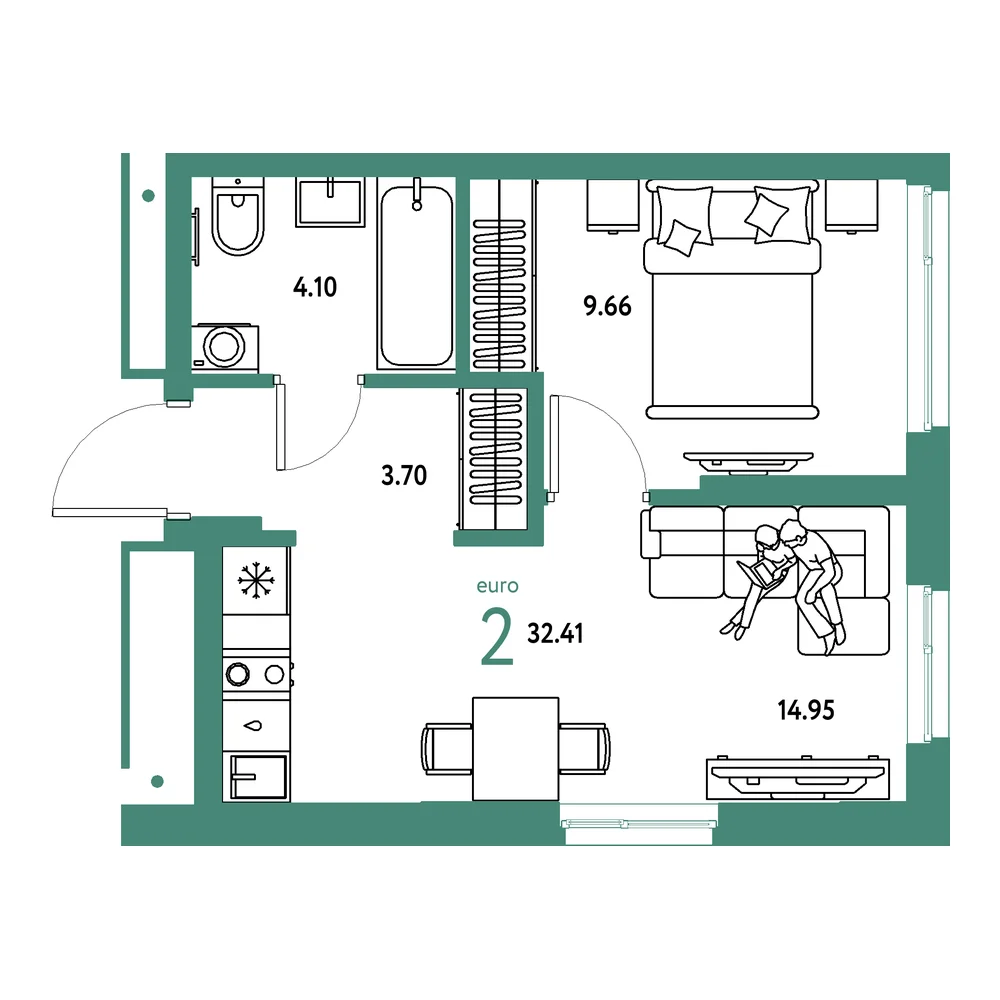Планировка: Домашний 2-комнатная 32,41м²