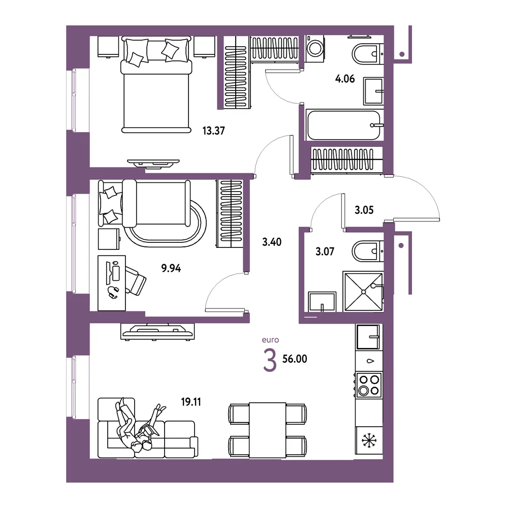 Планировка: Домашний 3-комнатная 56,00м²