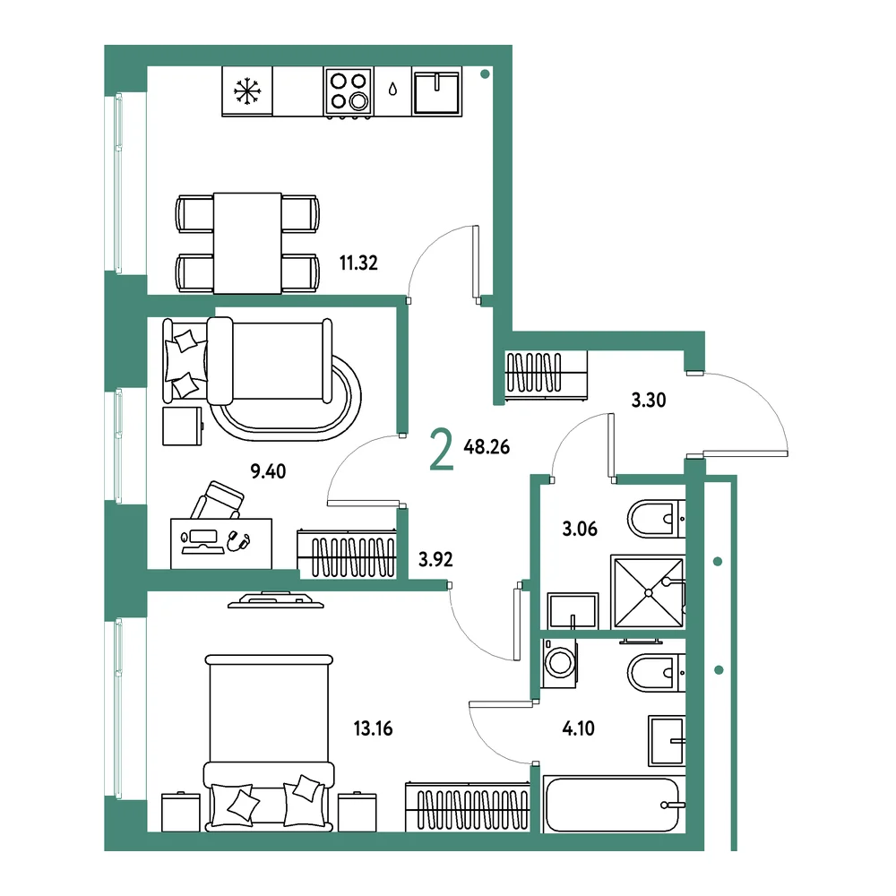 Планировка: Домашний 2-комнатная 48,26м²