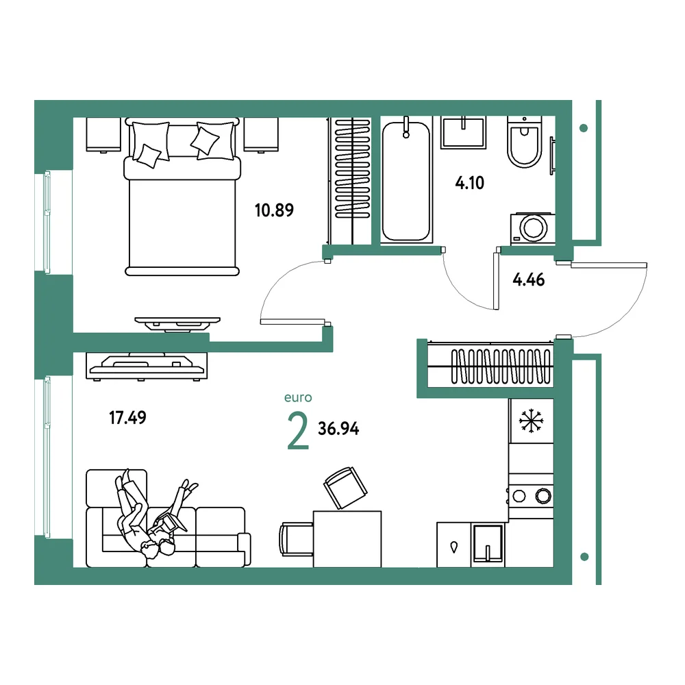 Планировка: Домашний 2-комнатная 36,94м²