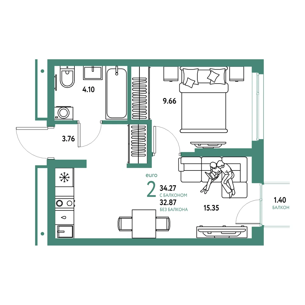 Планировка: Домашний 2-комнатная 34,27м²