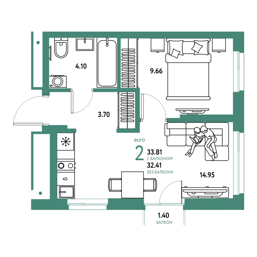 Планировка: Домашний 2-комнатная 33,81м²