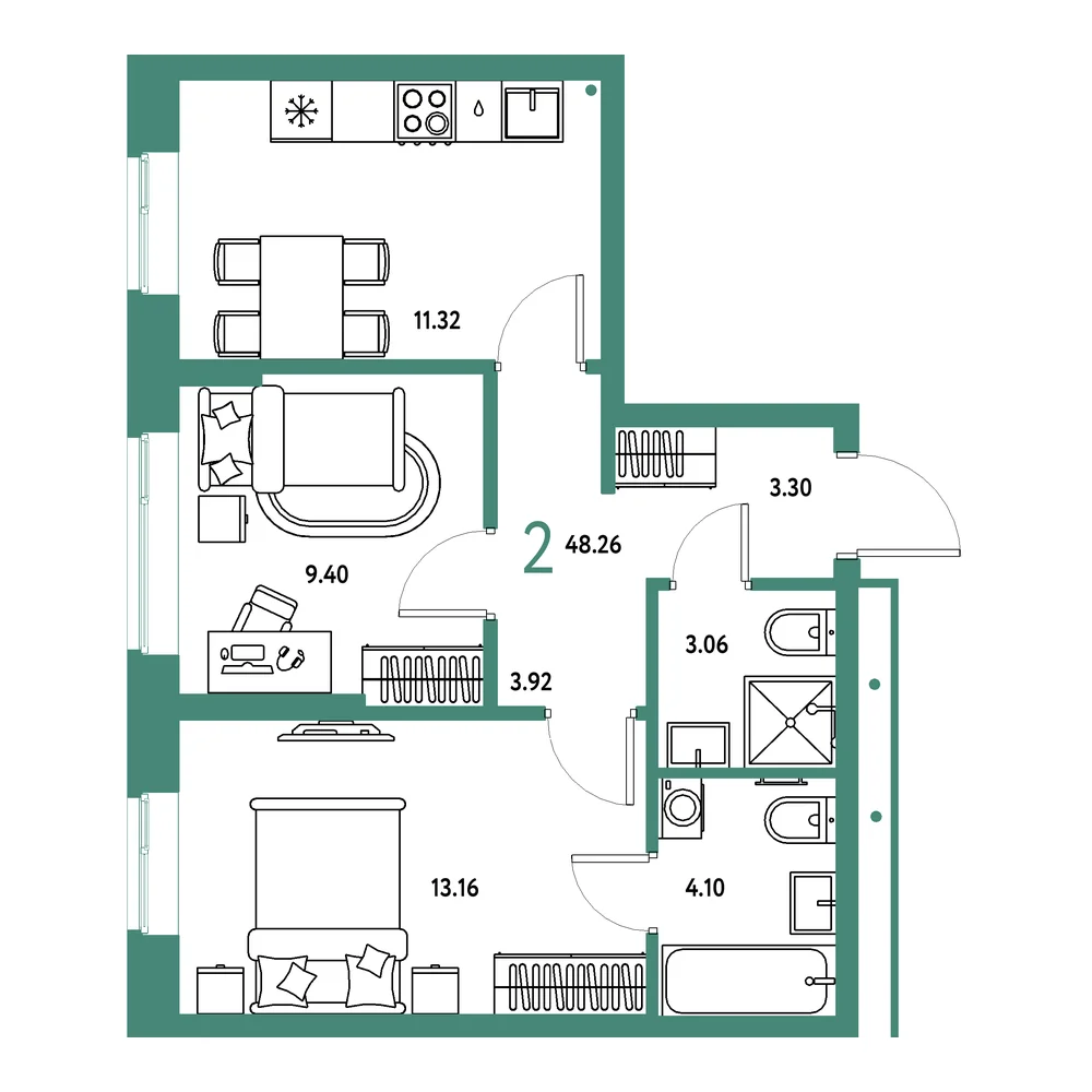 Планировка: Домашний 2-комнатная 48,26м²