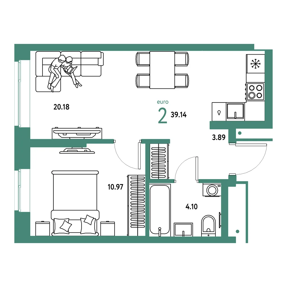 Планировка: Домашний 2-комнатная 39,14м²