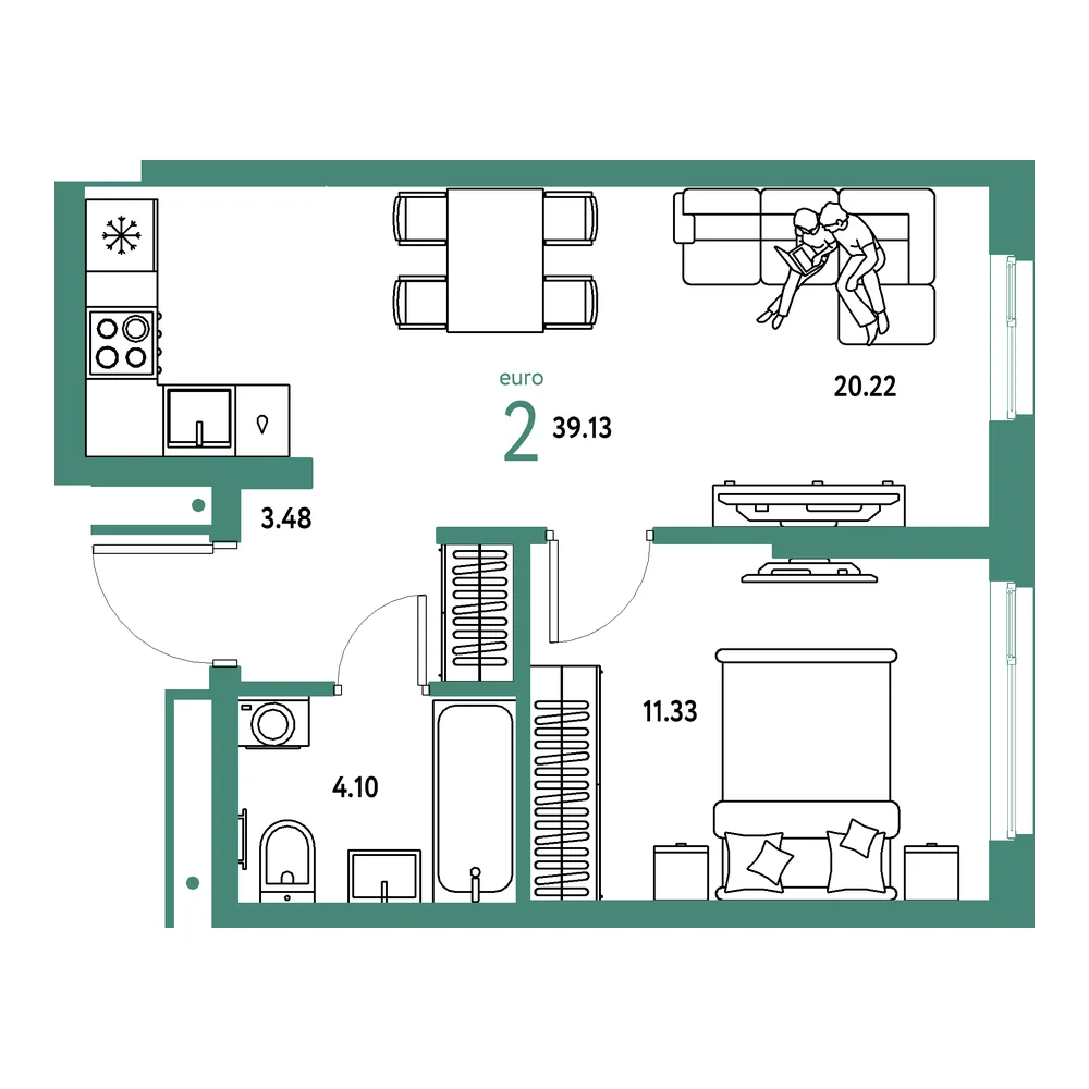 Планировка: Домашний 2-комнатная 39,13м²