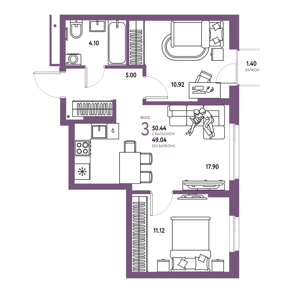 Планировка: Домашний 3-комнатная 50,44м²