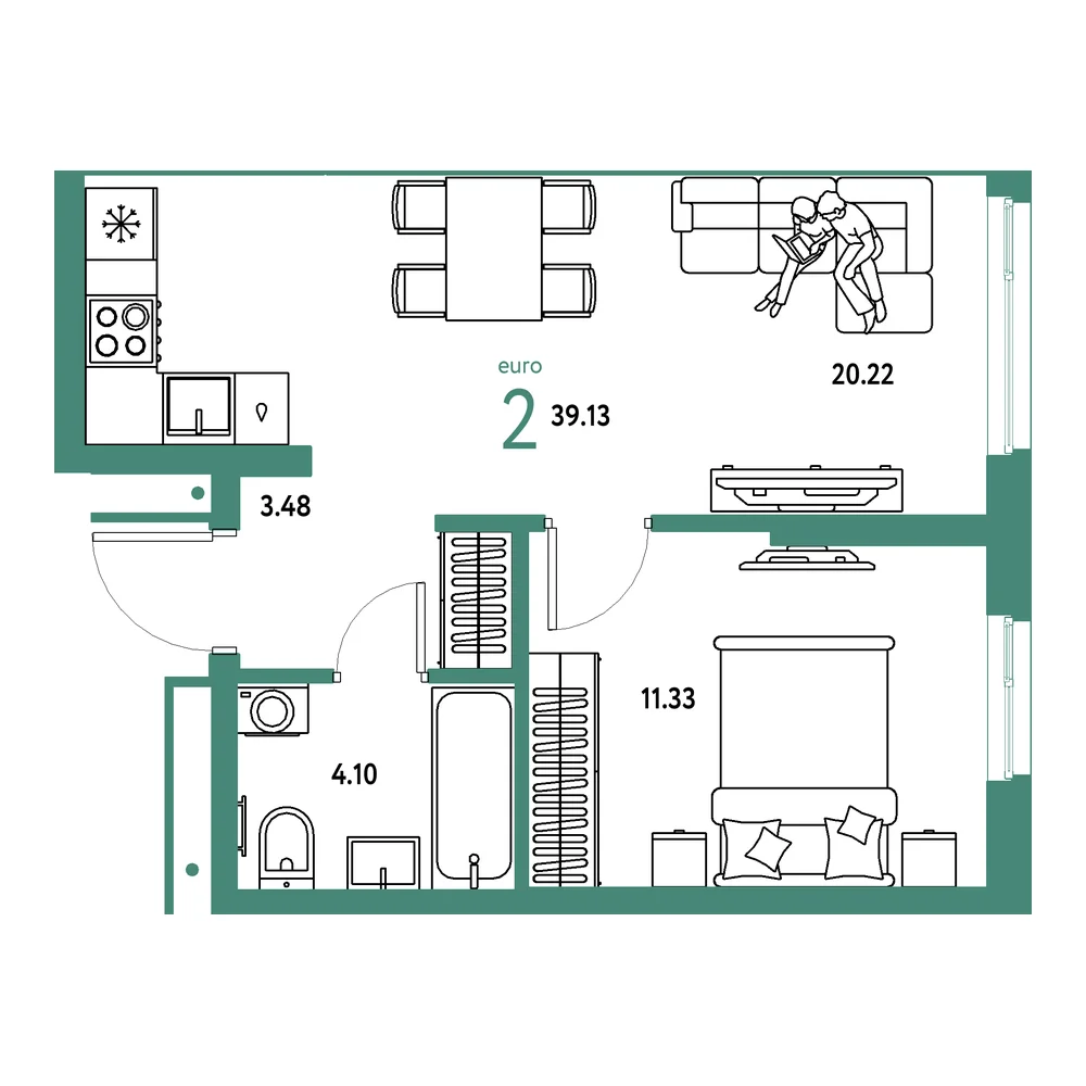 Планировка: Домашний 2-комнатная 39,13м²
