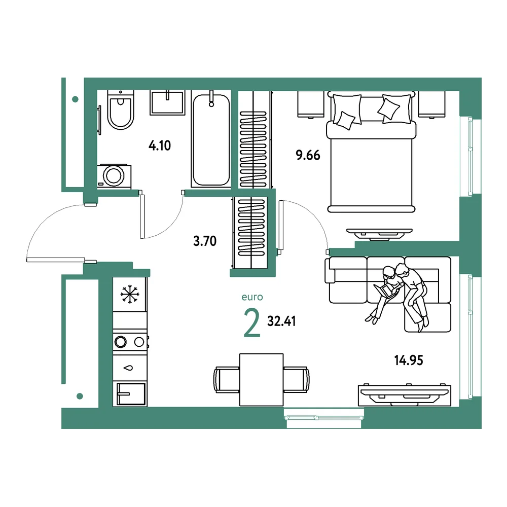 Планировка: Домашний 2-комнатная 32,41м²