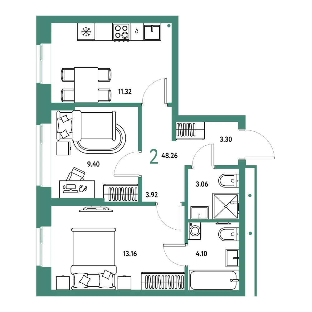 Планировка: Домашний 2-комнатная 48,26м²