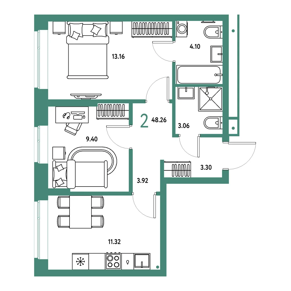 Планировка: Домашний 2-комнатная 48,26м²