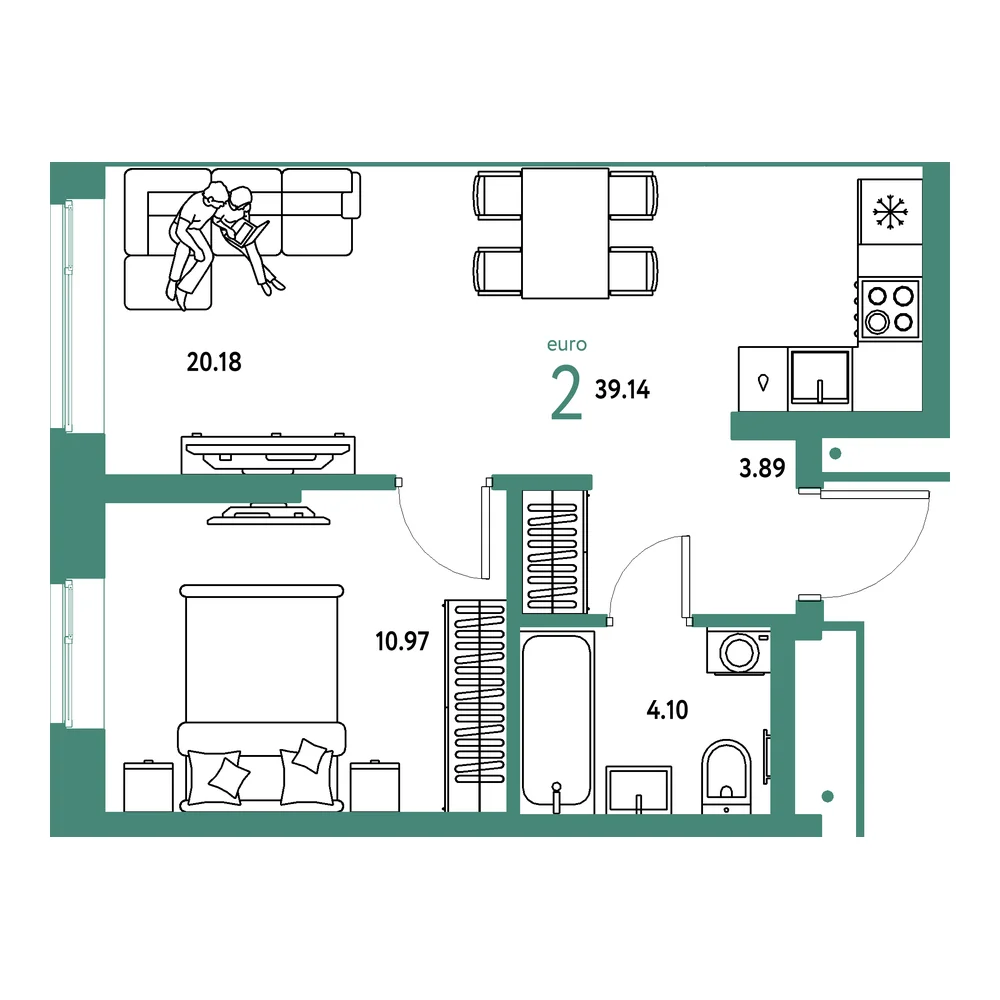 Планировка: Домашний 2-комнатная 39,14м²