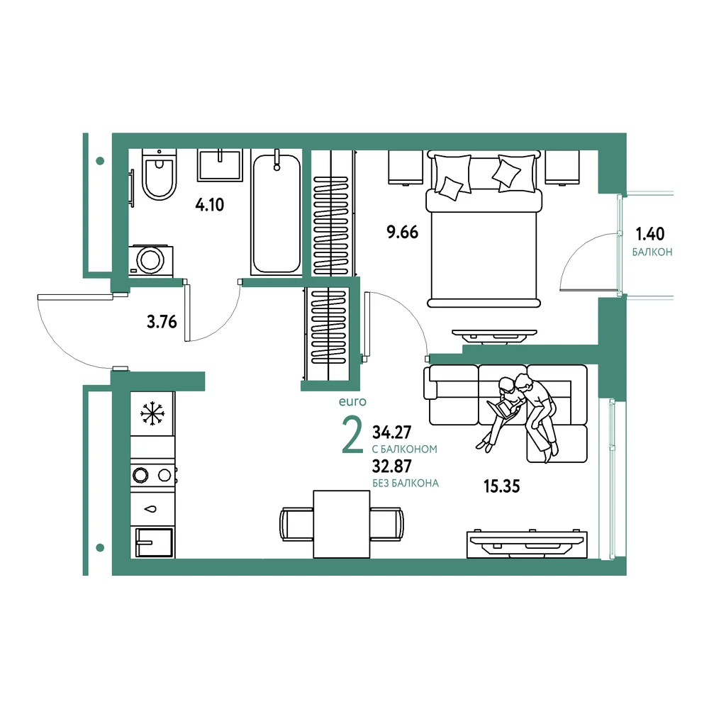 Планировка: Домашний 2-комнатная 34,27м²