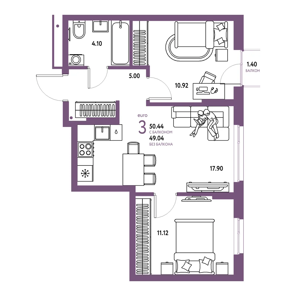 Планировка: Домашний 3-комнатная 50,44м²