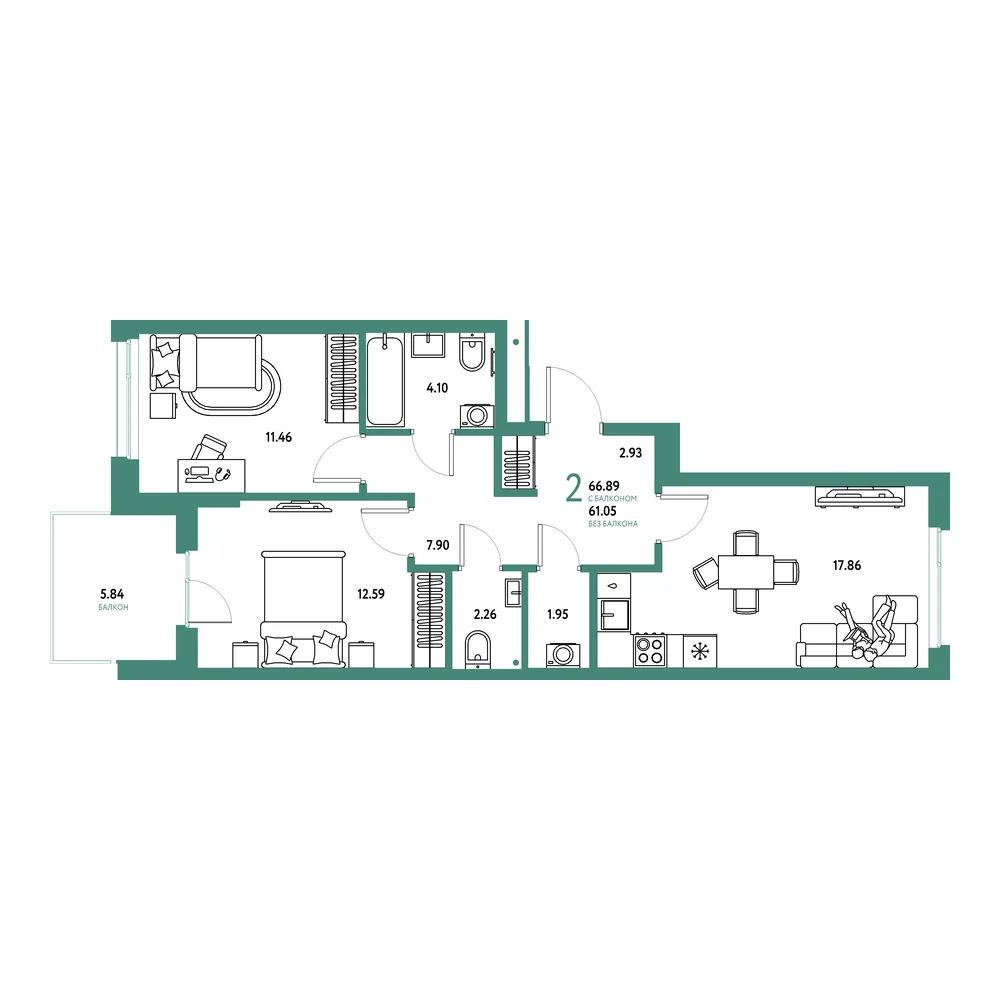Планировка: Домашний 2-комнатная 66,89м²
