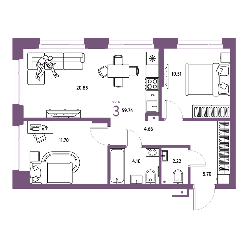 Планировка: Домашний 3-комнатная 59,74м²