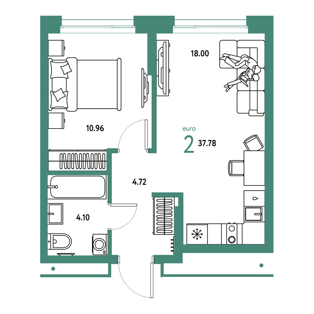 Планировка: Домашний 2-комнатная 37,78м²