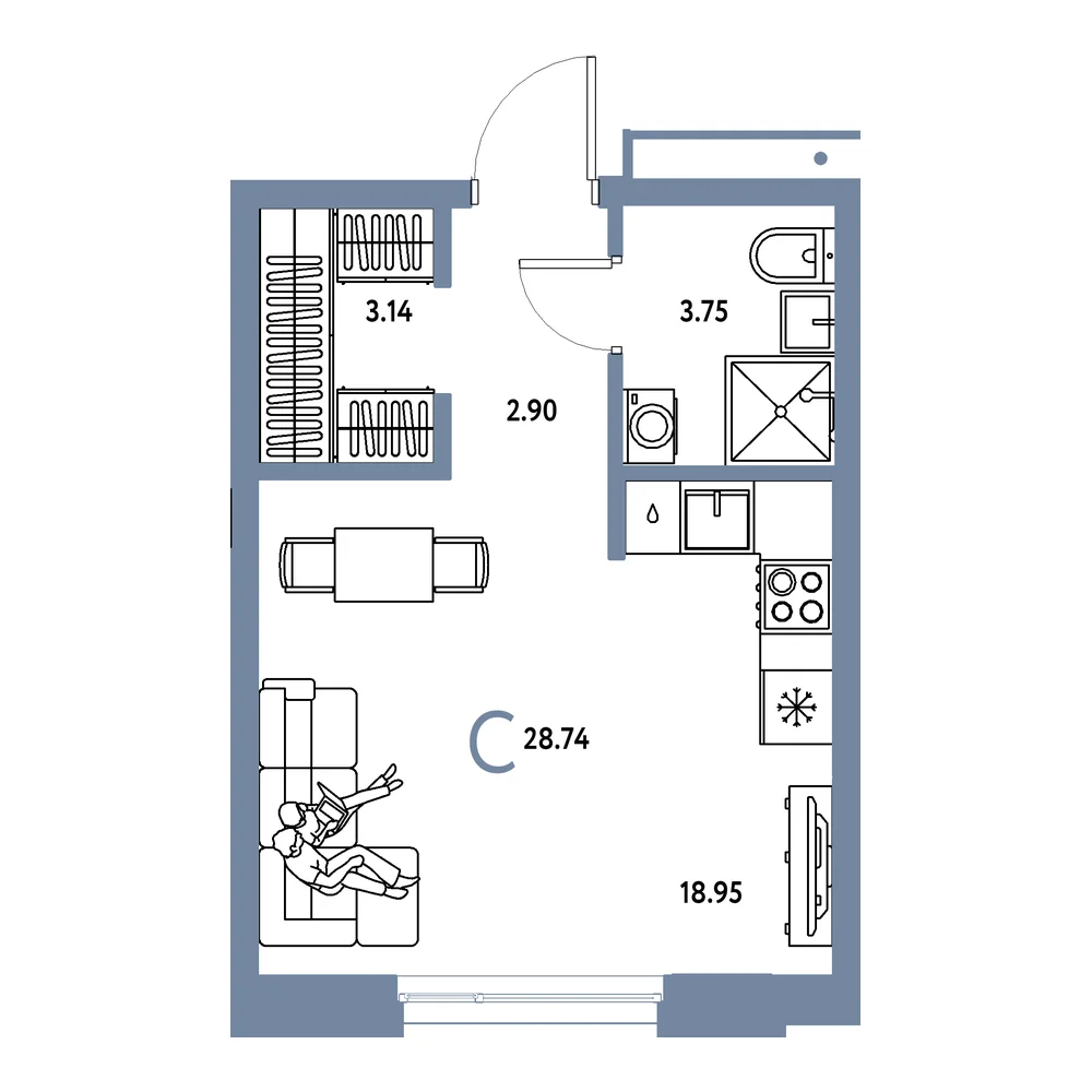 Планировка: Домашний Студия 28,74м²