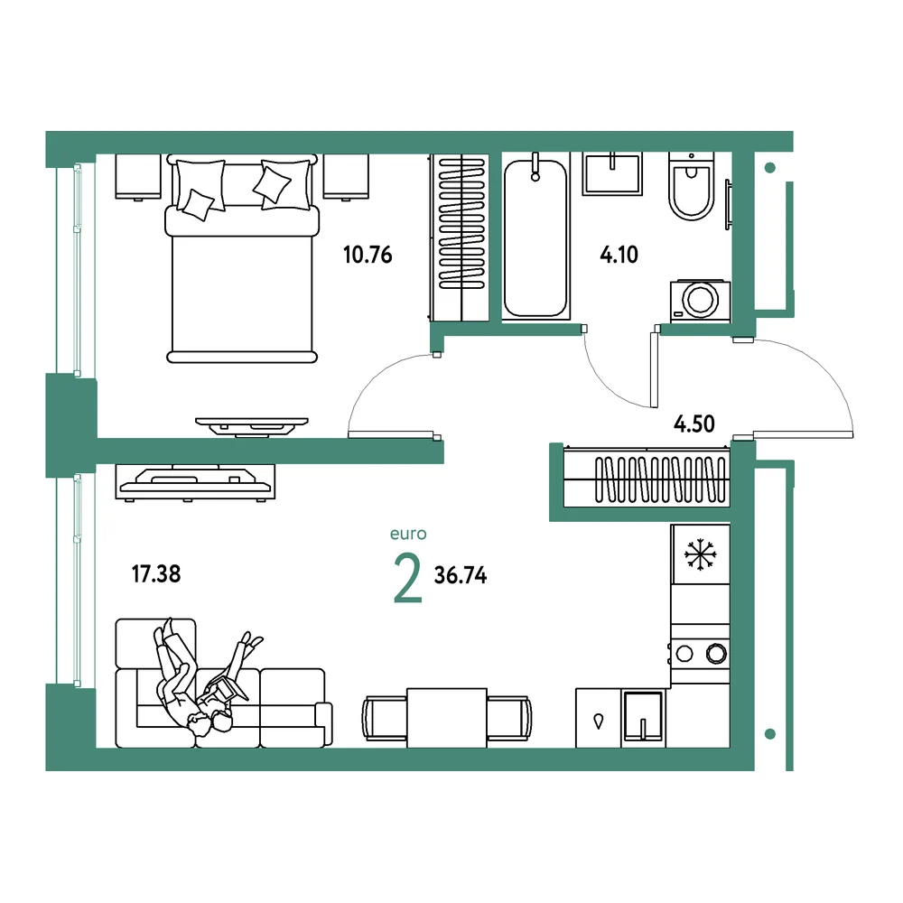Планировка: Домашний 2-комнатная 36,74м²