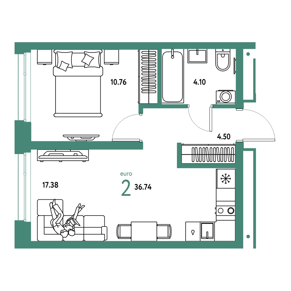 Планировка: Домашний 2-комнатная 36,74м²