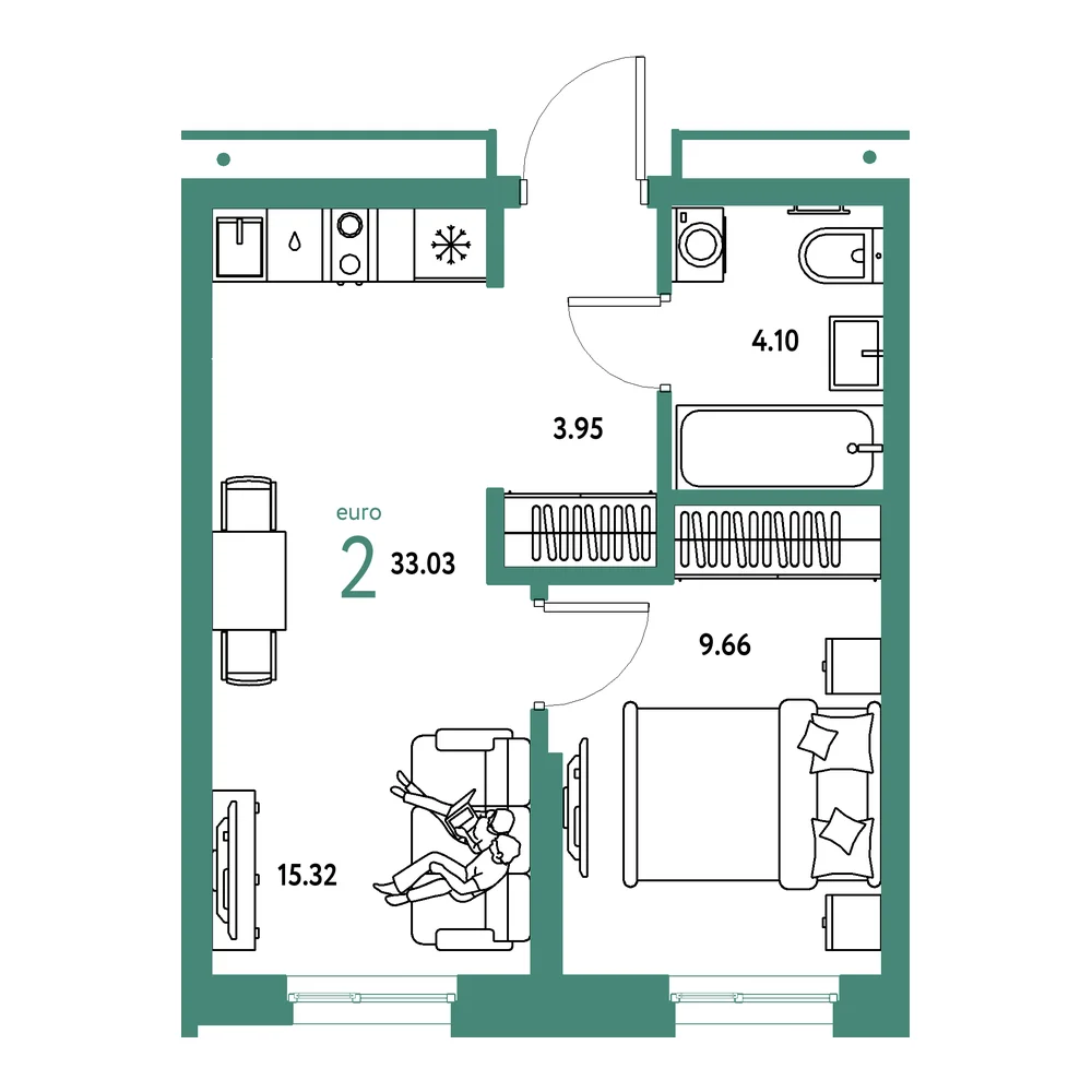 Планировка: Домашний 2-комнатная 33,03м²