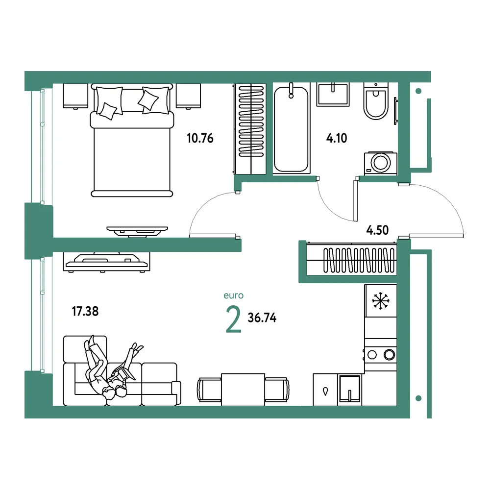 Планировка: Домашний 2-комнатная 36,74м²