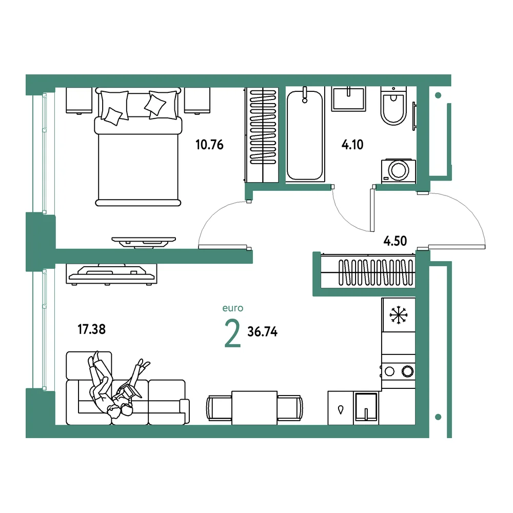 Планировка: Домашний 2-комнатная 36,74м²
