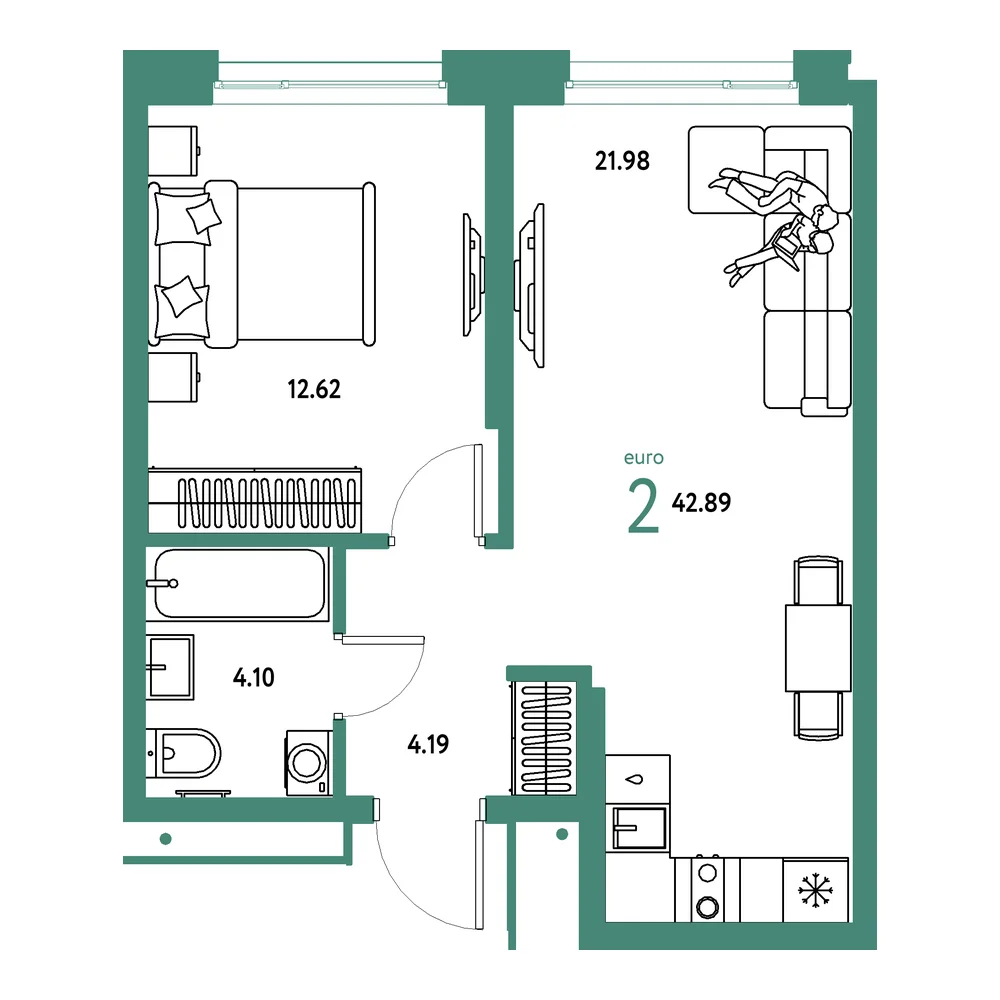 Планировка: Домашний 2-комнатная 42,89м²