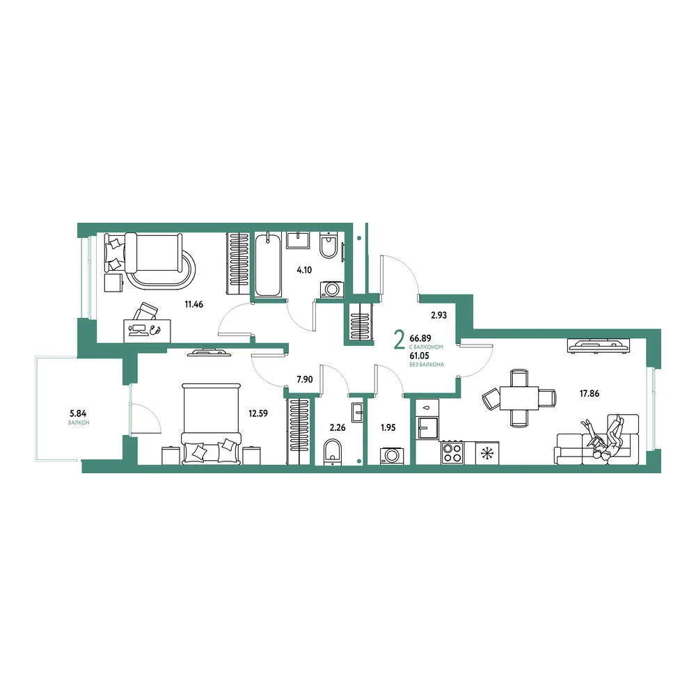 Планировка: Домашний 2-комнатная 66,89м²