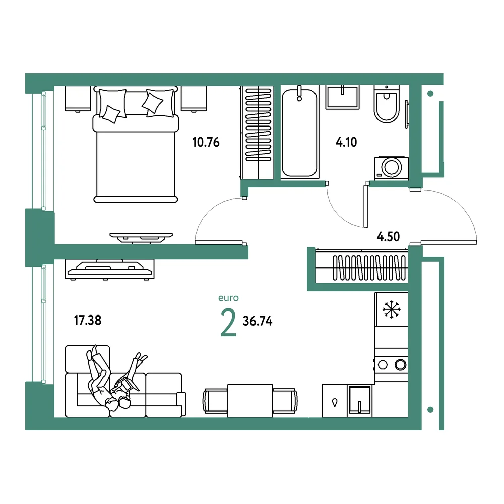 Планировка: Домашний 2-комнатная 36,74м²