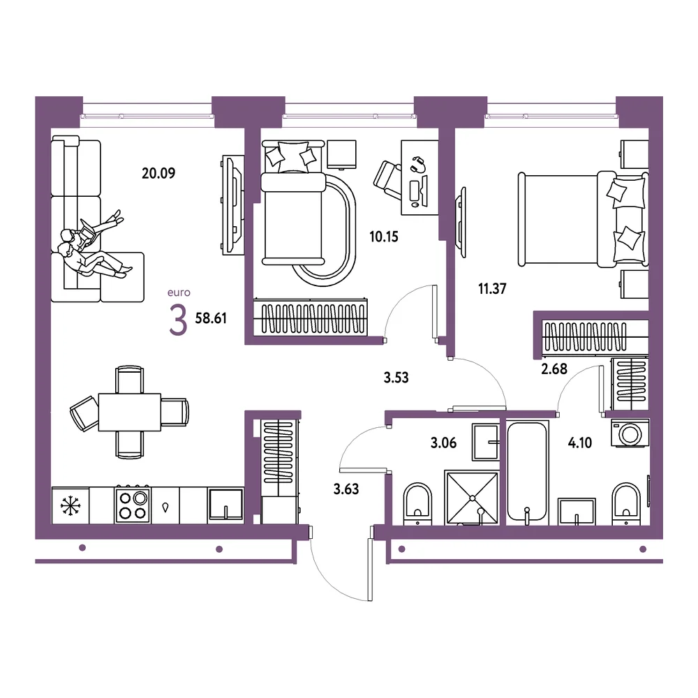 Планировка: Домашний 3-комнатная 58,61м²