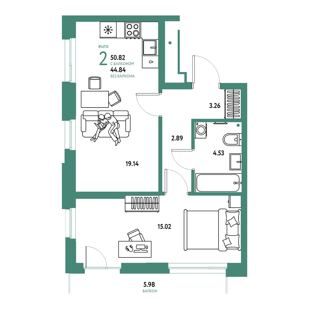 Планировка: Домашний 2-комнатная 50,82м²