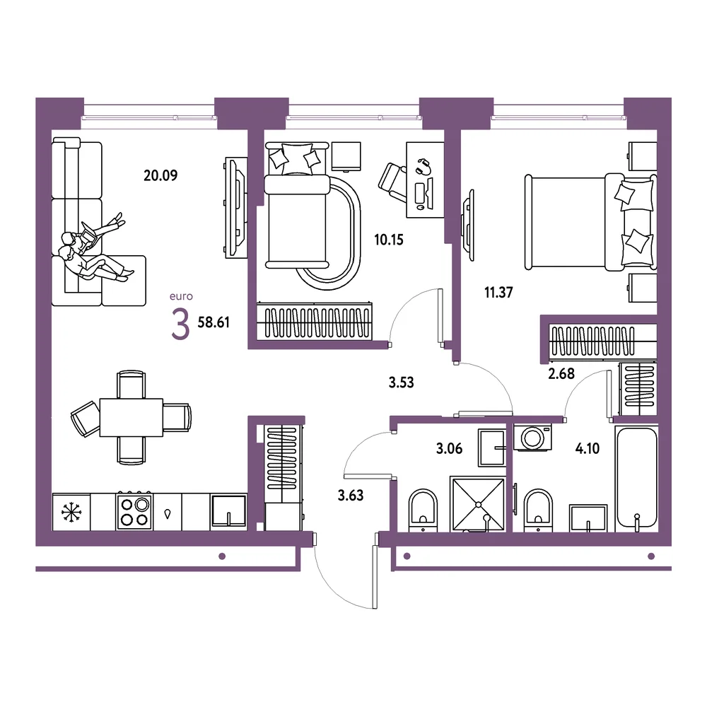 Планировка: Домашний 3-комнатная 58,61м²